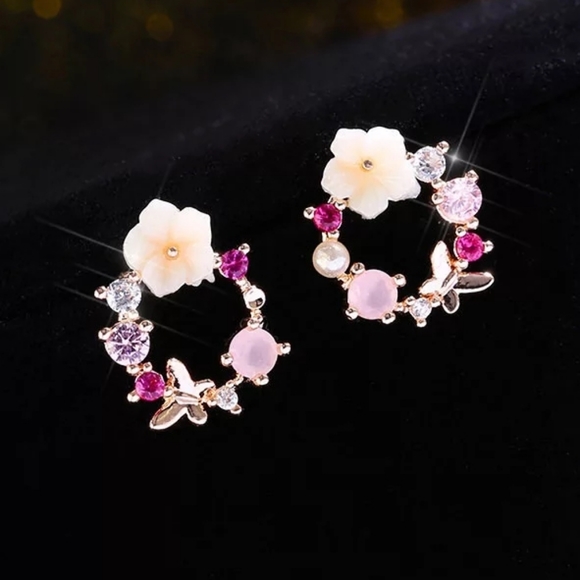 Round Pink Flower Earrings - Picture 4 of 4